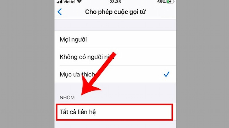Chọn Tất cả liên hệ để chặn số lạ trên iphone
