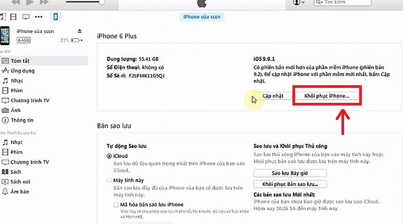Khôi phục iphone bằng ứng dụng iTunes