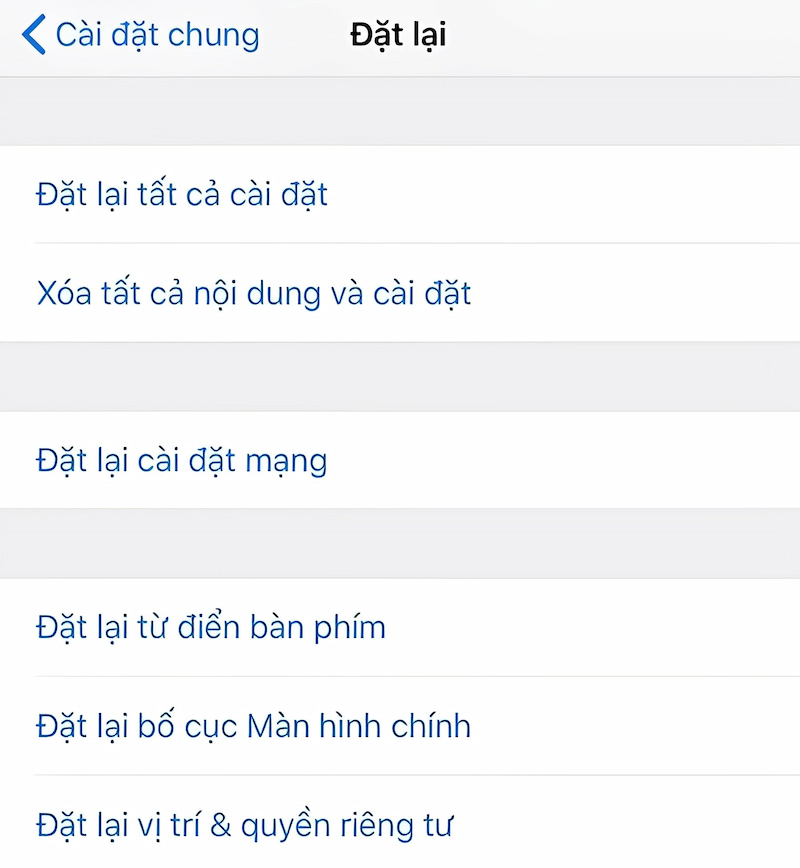 Lựa chọn các cài đặt reset iphone