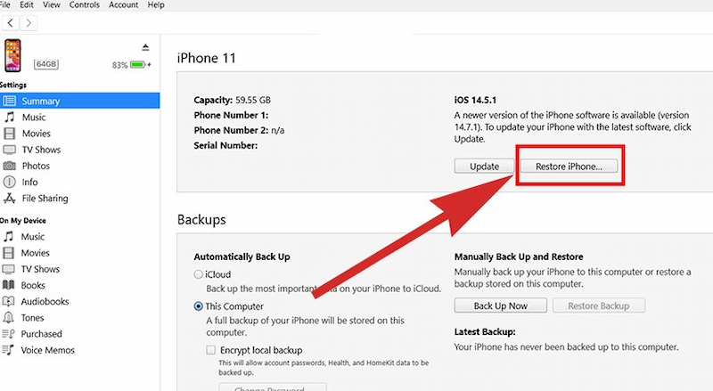Restore iPhone thông qua iTunes để mở khóa iPhone bị vô hiệu hóa