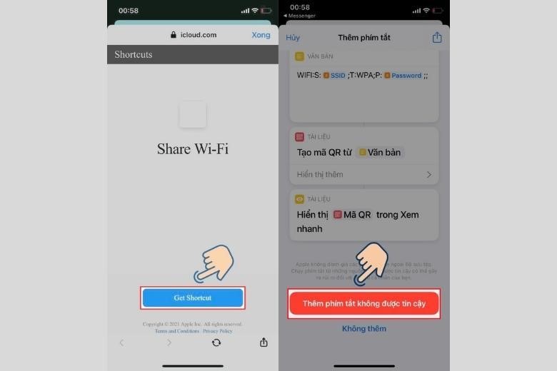 Nhấn vào phần “Share Wifi” rồi nhấn “Thêm phím tắt không được tin cậy”