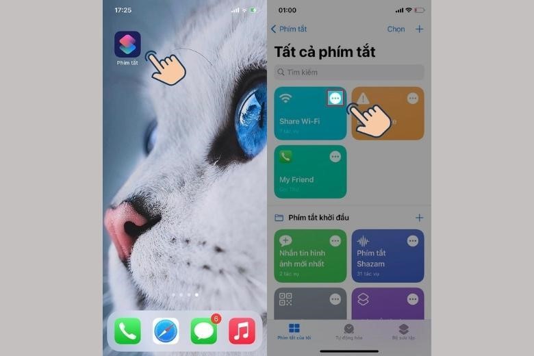 Nhấn vào dấu 3 chấm ở phần đầu giao diện của Phím tắt