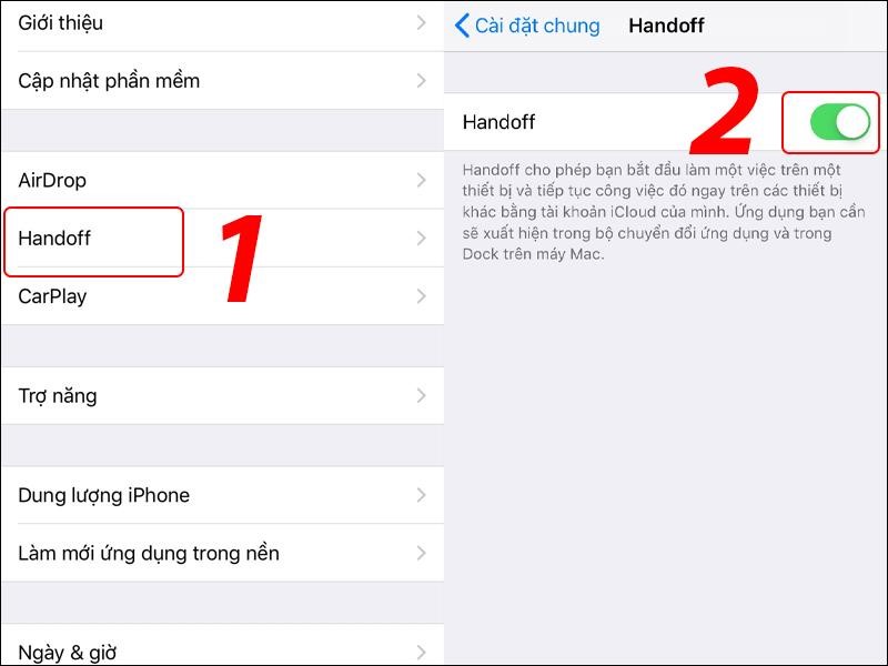 Chọn mục Handoff, sau đó gạt nút bên cạnh thành màu xanh lá
