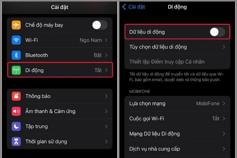 Chọn mục “Di động” rồi bấm vào công tắc bên cạnh “Dữ liệu di động”