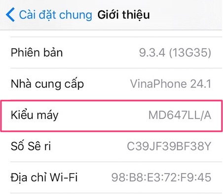 Xem thông tin mã iPhone các nước ở mục Kiểu Máy