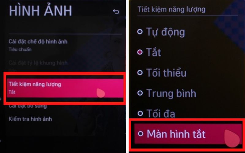 Chọn Tiết kiệm năng lượng rồi chọn Màn hình tắt để hoàn thành cài đặt