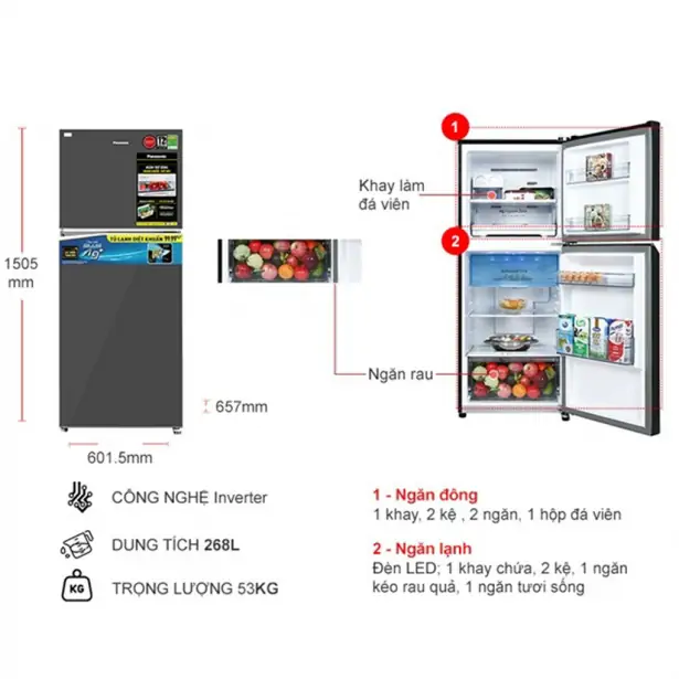 Tủ Lạnh Panasonic Inverter 268 Lít NR-TV301VGMV
