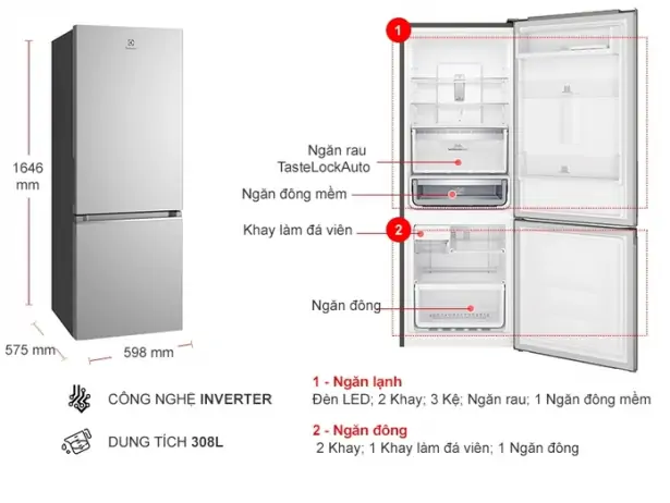 Tủ Lạnh INVERTER Electrolux 308 lít EBB3402K-A