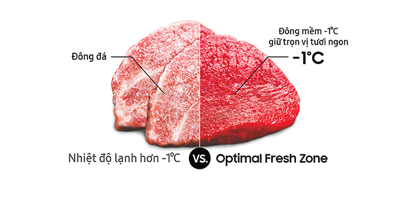 Ngăn cấp đông mềm Optimal Fresh Zone giúp thực phẩm tươi ngon, giữ nguyên vị.