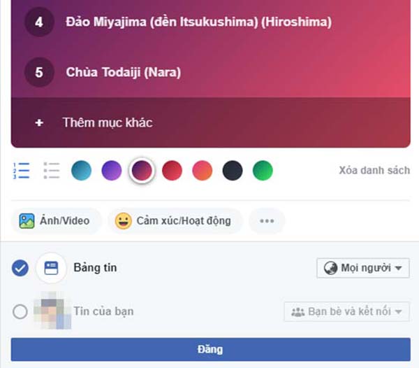 Hướng dẫn tạo một danh sách trên status trên Facebook