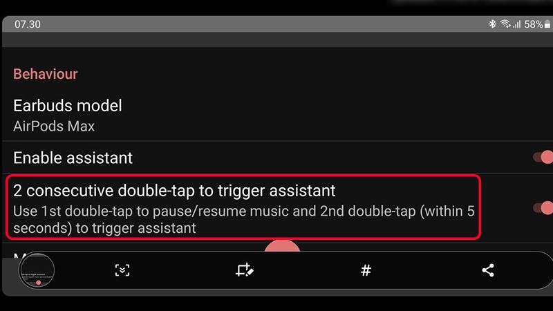 Nhấn vào “2 consecutive double-tap to trigger assistant” 