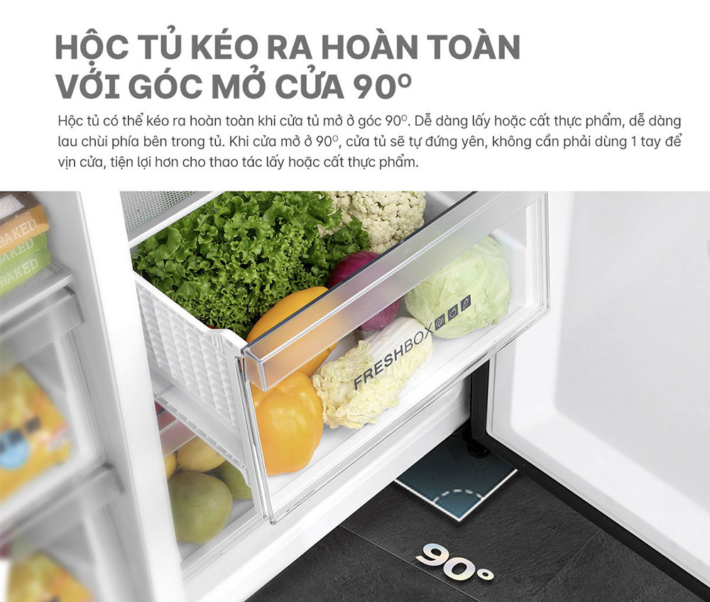 Hộc tủ kéo ra hoàn toàn với góc mở cửa 90 độ