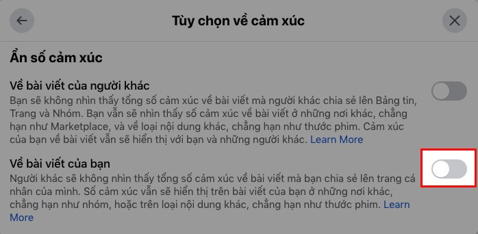  Gạt thanh trượt sang phải để bật tính năng