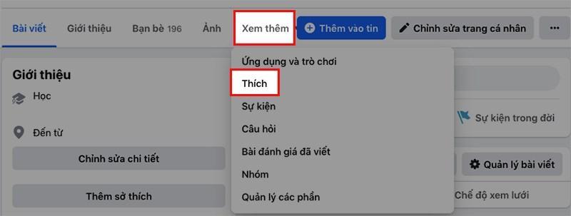 chọn mục Xem thêm và chọn mục Lượt thích.