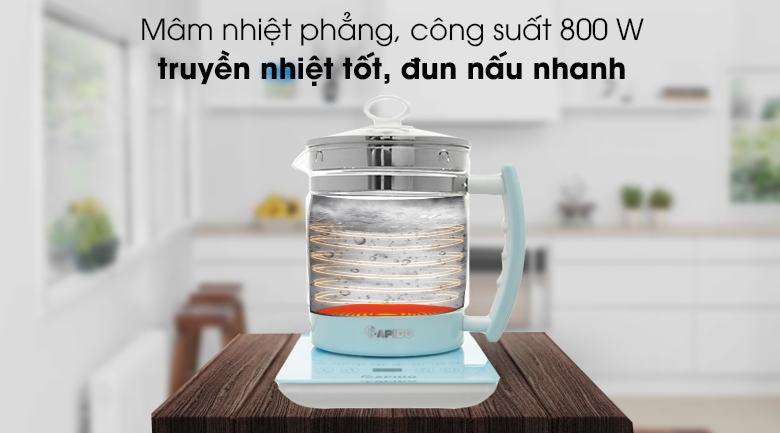Mâm nhiệt inox phẳng truyền nhiệt tốt cùng công suất 800 W giúp đun nước, nấu ăn nhanh chóng