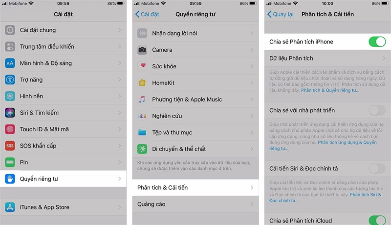 Bật tính năng Phân tích iPhone