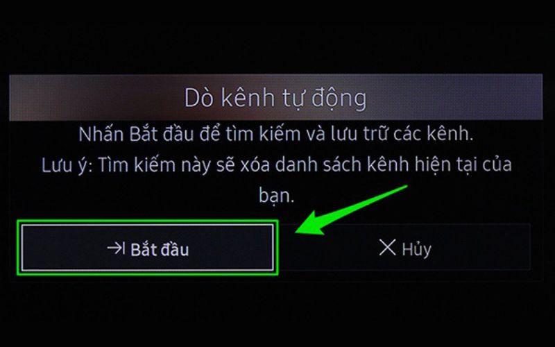 Chọn bắt đầu để tivi LG thực hiện dò kênh tự động