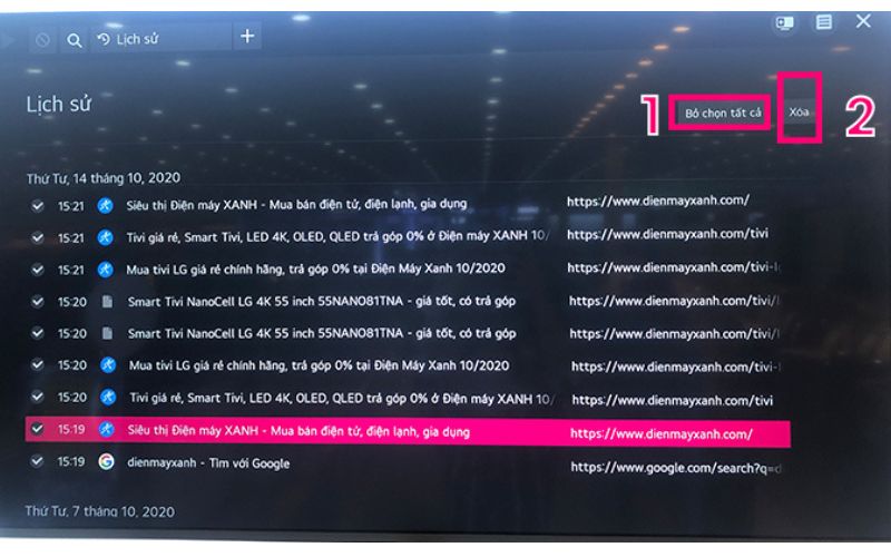 Có thể xóa lần lượt hoặc tất cả lịch sử duyệt web