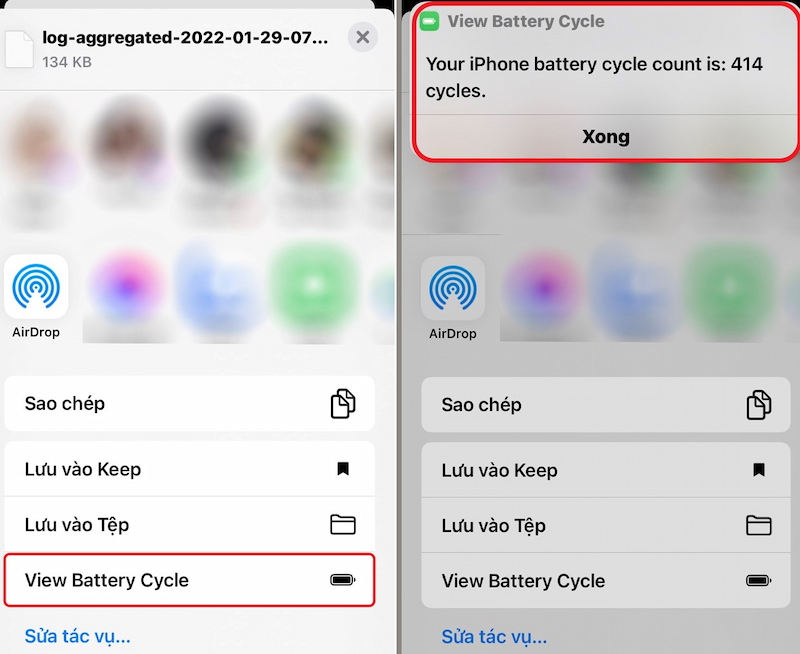 Nhấn chọn Chia sẻ về View Battery Cycle