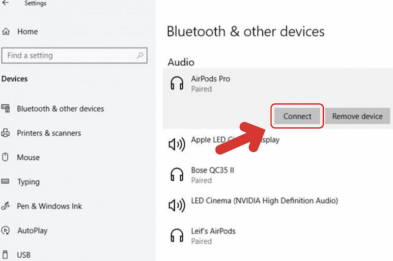nhấn Connect để kết nối tai nghe Airpod với PC