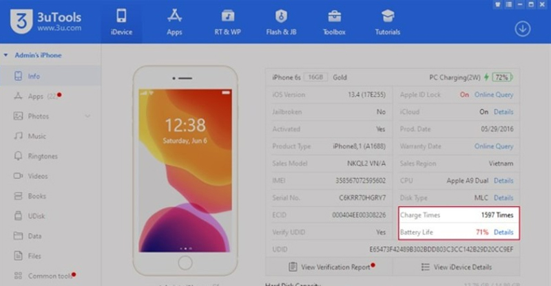Kiểm tra bằng 3uTools thông qua máy tính