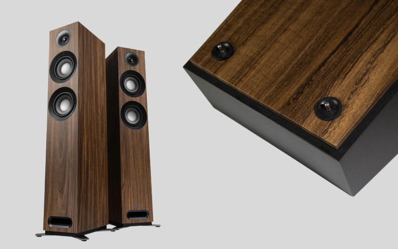 S807 Tower Speakers có các chốt kim loại trang nhã trên nóc thùng loa