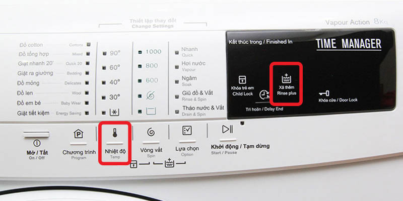 Nhấn giữ đồng thời 2 phím "Temp + Rinse" 