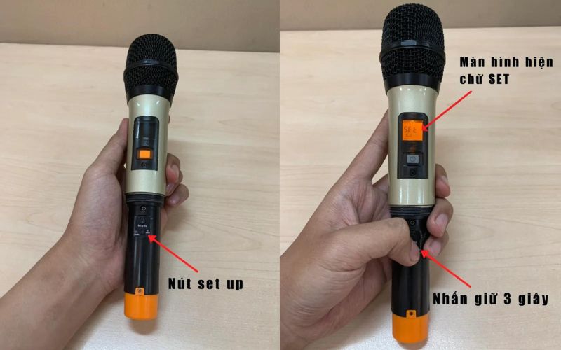 Nhấn và giữ nút Set trên micro để cài lại tần số tín hiệu