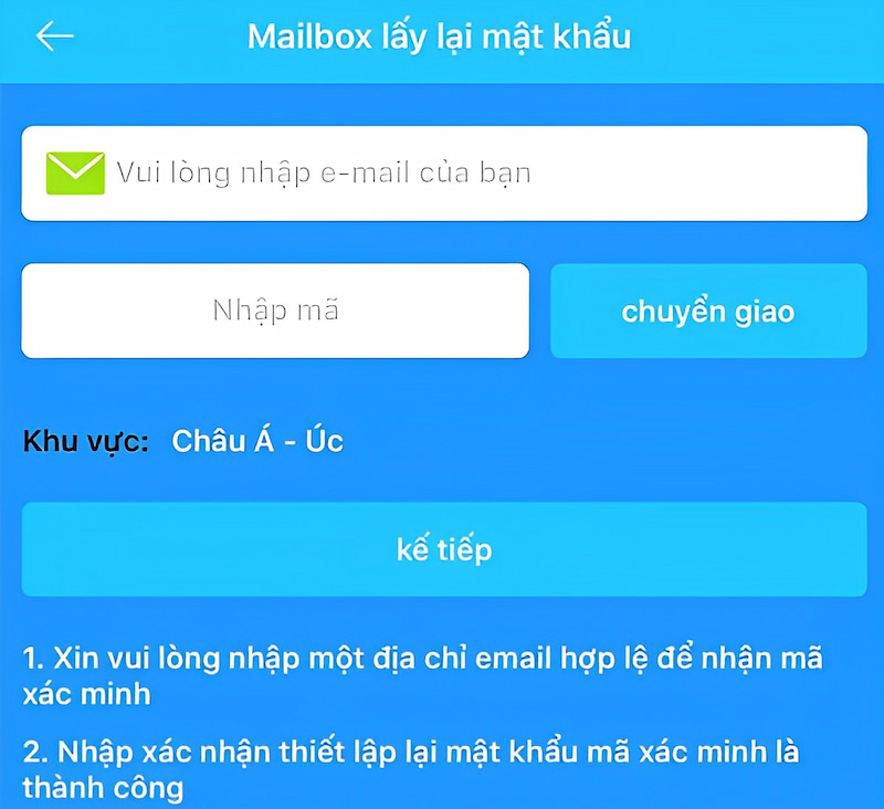 Nhập email đăng ký để lấy lại mật khẩu 