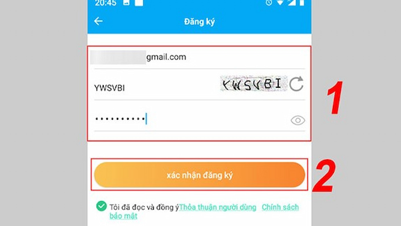 Nhập thông tin và xác nhận đăng ký 