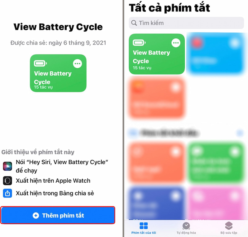Cài đặt phím tắt View Battery Cycle trên iPhone