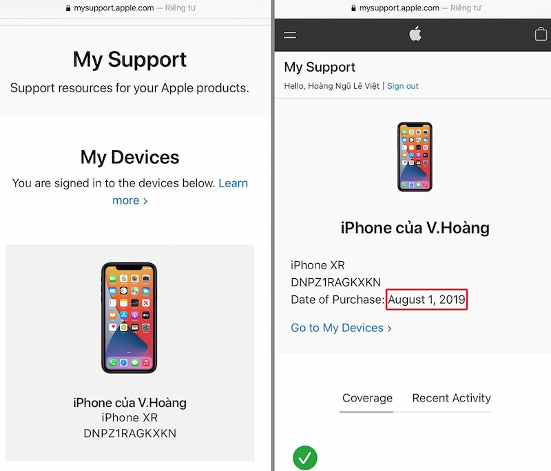 Thông tin kiểm tra kích hoạt iPhone trên My Support