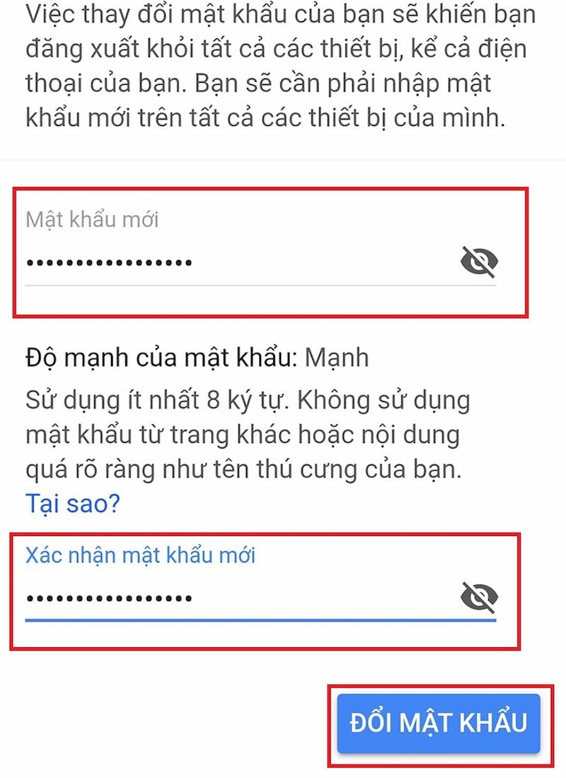 Tiến hành thay đổi mật khẩu Gmail trên điện thoại