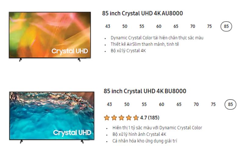 Tivi Samsung có nhiều kích thước cho mỗi dòng sản phẩm