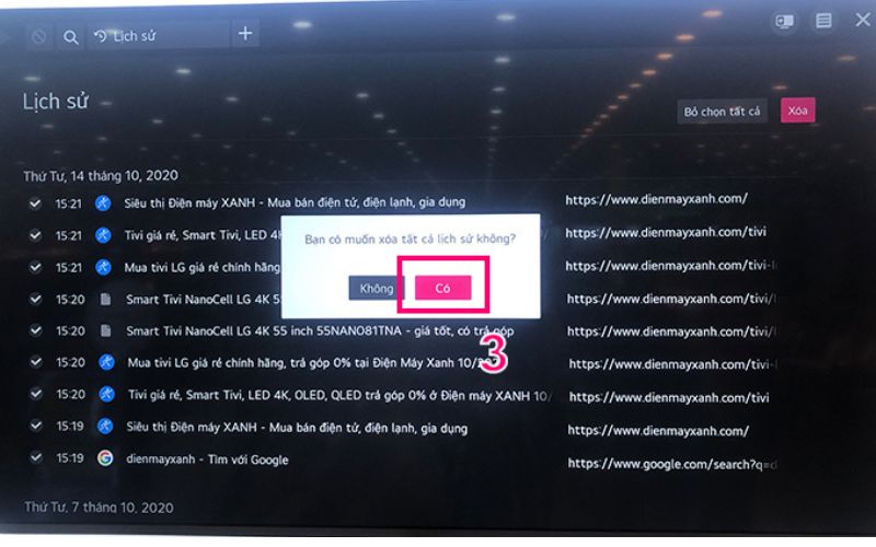 Chọn Có để xóa tất cả lịch sử duyệt web được chọn
