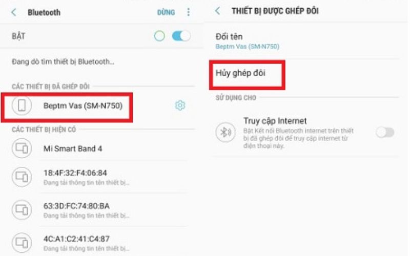 Chọn hủy ghép đôi để xóa lịch sử kết nối bluetooth trên android