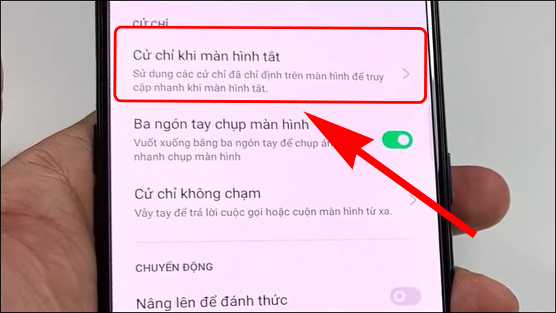 Tiếp tục chọn Cử chỉ khi màn hình tắt.
