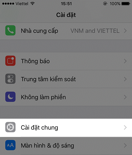 Vào Cài đặt và chọn Cài đặt chung