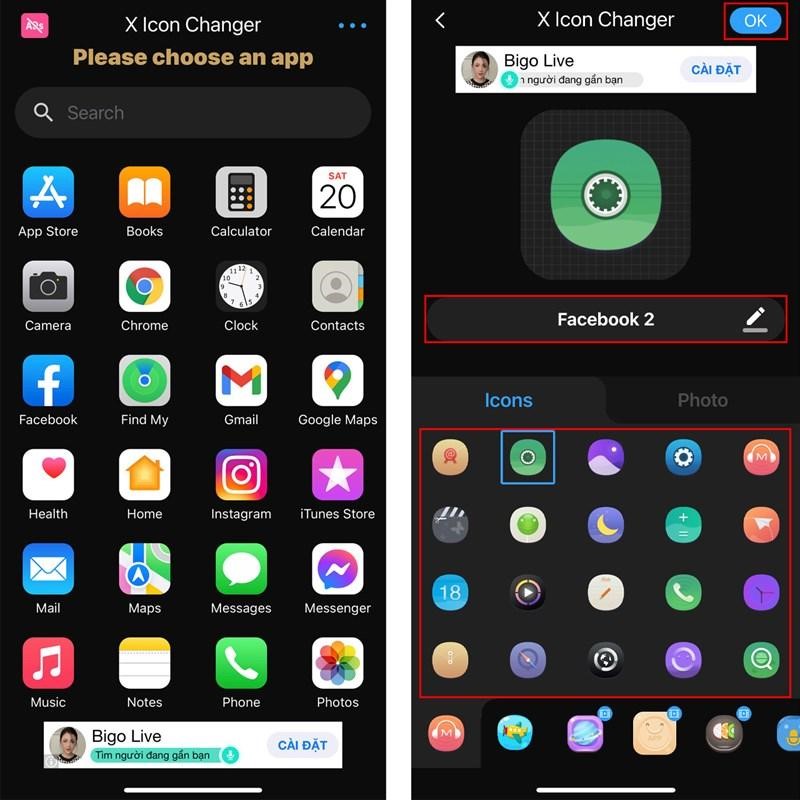 Lựa chọn giao diện để thay đổi trong ứng dụng X Icon Changer