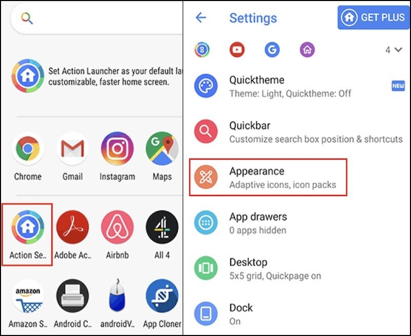 Nhấn vào “Action Settings” sau đó chọn “Appearance