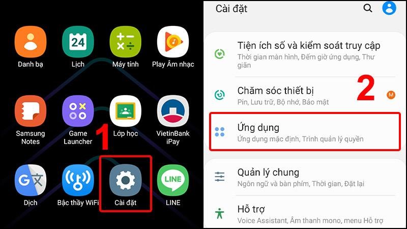 Vào mục Cài đặt rồi click chọn Ứng dụng