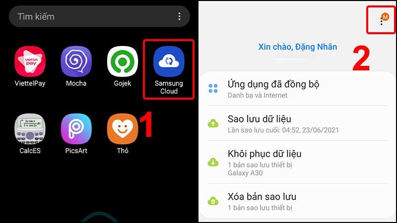 Vào mục Samsung Cloud rồi chọn biểu tượng 3 chấm