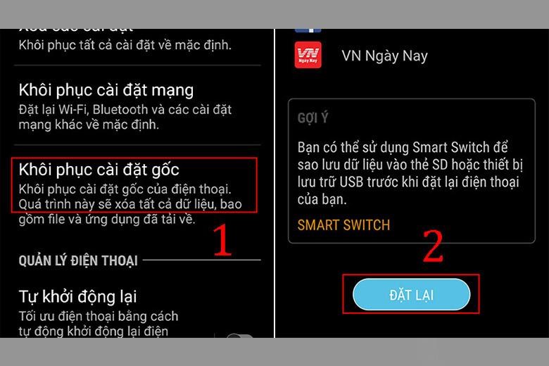 Thao tác khôi phục cài đặt gốc bước 2
