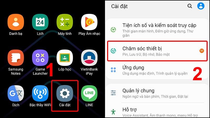 Vào phần Chăm sóc thiết bị