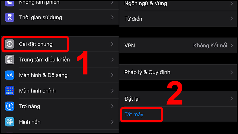 Vào Cài đặt chung sau đó bấm vào Tắt máy