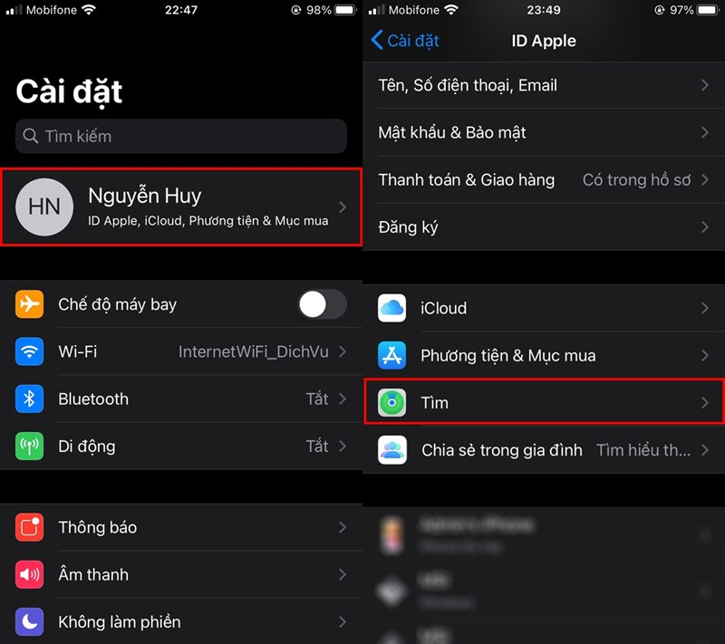 Vào tài khoản Apple ID và chọn “Tìm”