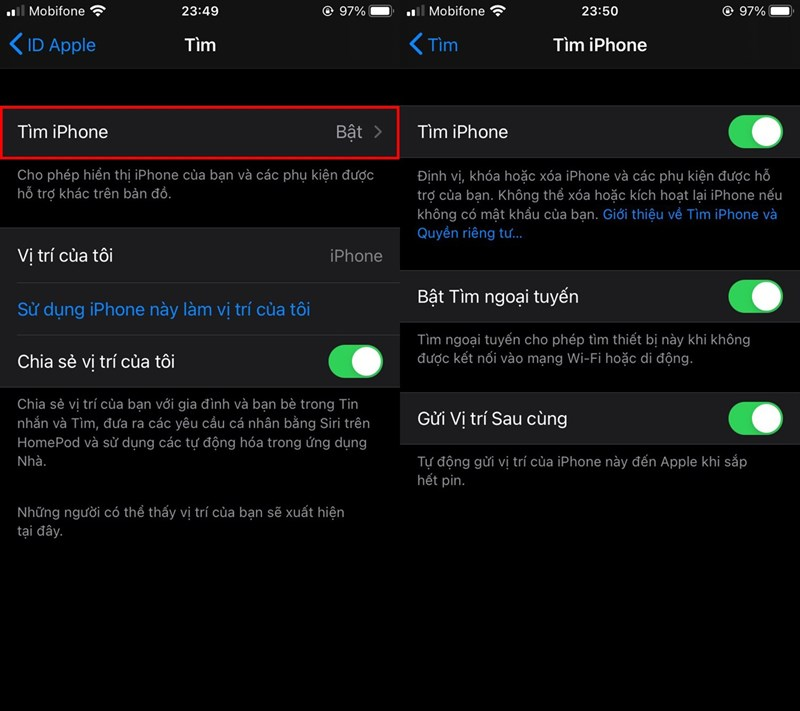 Các bước bật tính năng Tìm iPhone