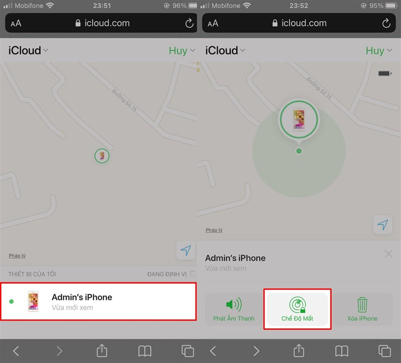 Chọn tên điện thoại iPhone bị mất và chọn “Chế độ mất”