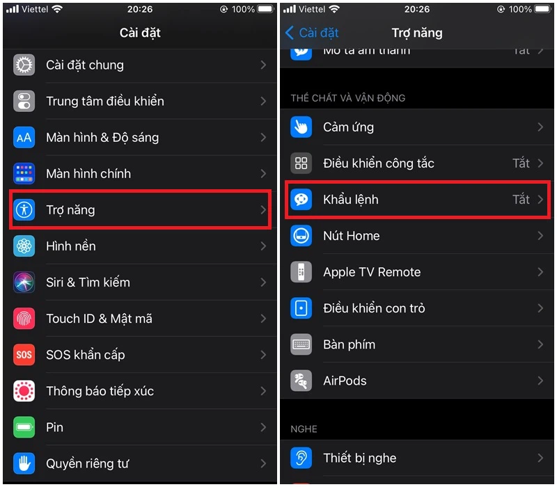 Truy cập vào phần Khẩu lệnh trong mục Trợ năng
