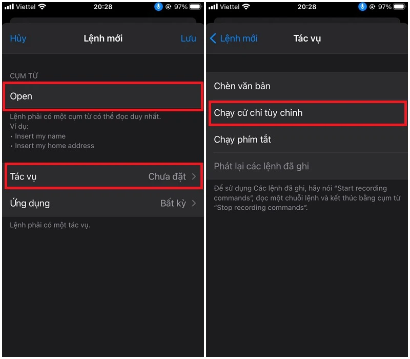 Các bước thiết lập lệnh mới trong mục Khẩu lệnh